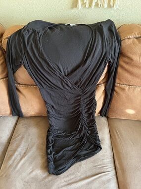 Express Black Long Sleeve Ruched V-Neck Mini Dress